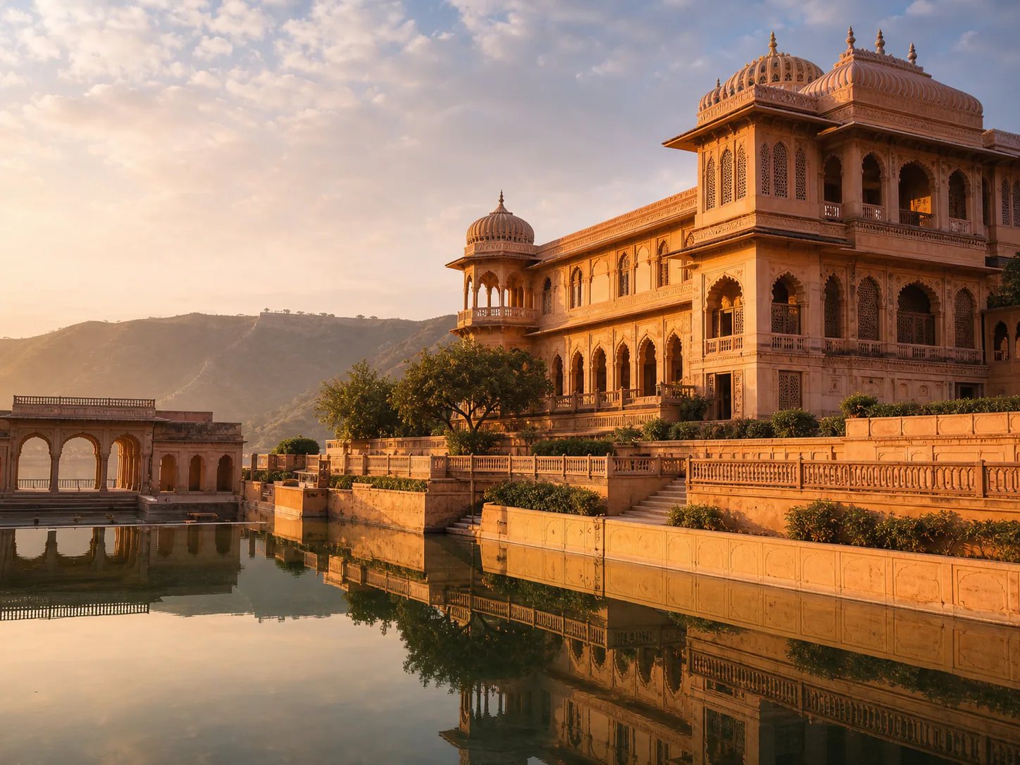 Rajasthan palace reflected in a calm pool at dawn